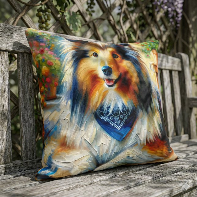 Shetland Sheepdog in Cottage Tuin Scene Kussen (Shetland Sheepdog in Cottage Garden Scene Throw Pillow Mockup A)