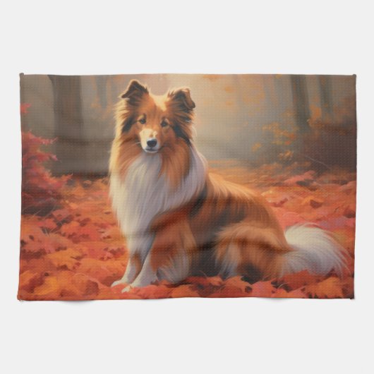 Shetland Sheepdog in herfst laat Herfst inspireren Theedoek (Horizontaal)