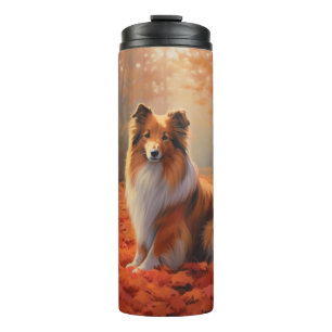Shetland Sheepdog in herfstbladeren val inspireren Thermosbeker