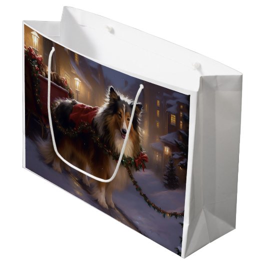Shetland Sheepdog Kerst Feestelijke Periode Groot Cadeauzakje (Voorkant Gekanteld)