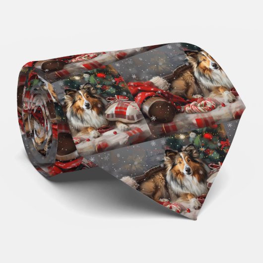 Shetland Sheepdog Kerst Festiviteit Stropdas (Opgerold)