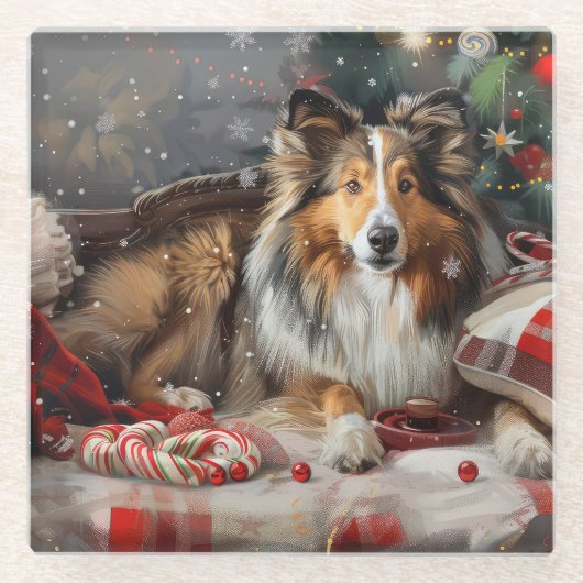 Shetland Sheepdog Kerstfeest Glazen Onderzetter (Voorkant)