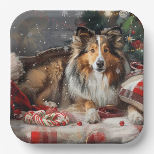 Shetland Sheepdog Kerstfeest Papieren Bordje (Voorkant)