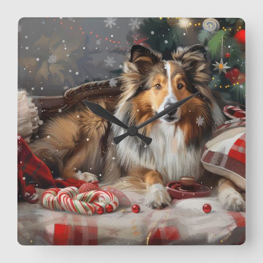 Shetland Sheepdog Kerstfeest Vierkante Klok (Voorkant)