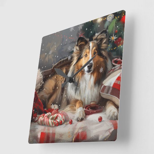 Shetland Sheepdog Kerstfeest Vierkante Klok (Hoek)