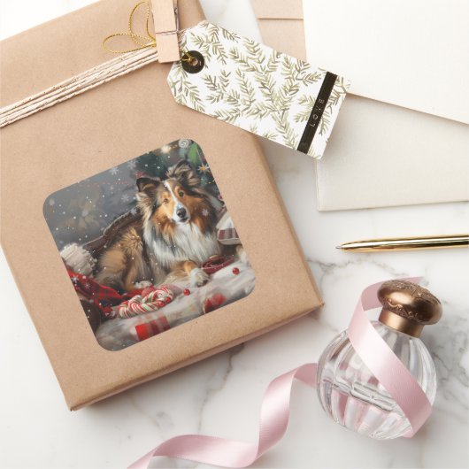 Shetland Sheepdog Kerstfeest Vierkante Sticker (Geschenken)