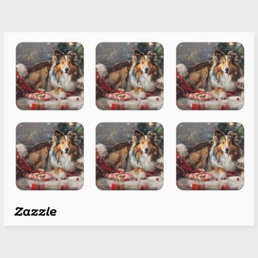 Shetland Sheepdog Kerstfeest Vierkante Sticker (Vel)