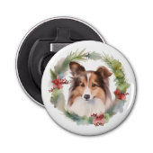 Shetland Sheepdog Kerstkrans feestelijke pup Button Flesopener (Voorkant)