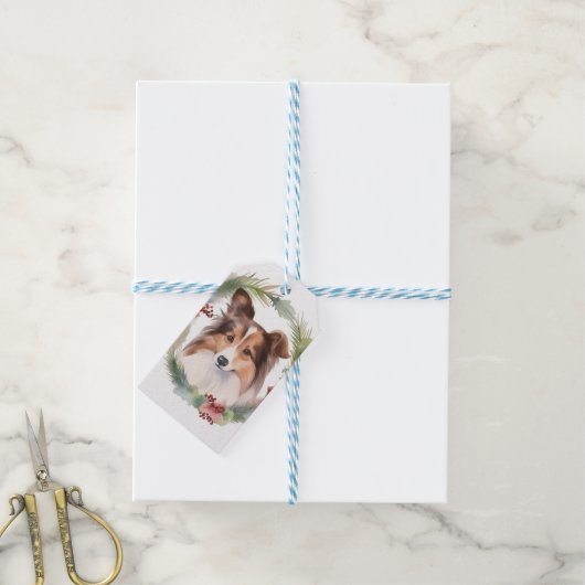 Shetland Sheepdog Kerstkrans feestelijke pup Cadeaulabel (Met Touw)