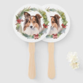 Shetland Sheepdog Kerstkrans feestelijke pup Handwaaier (Voorkant en achterkant)