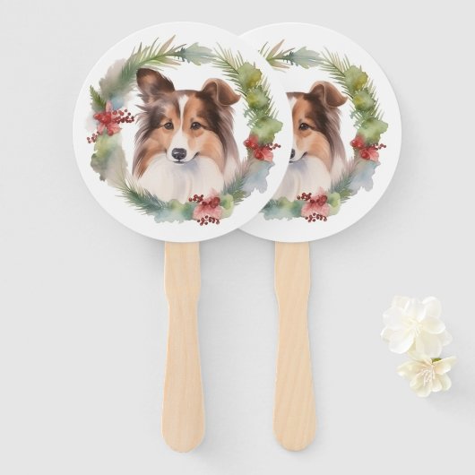 Shetland Sheepdog Kerstkrans feestelijke pup Handwaaier (Voorkant en achterkant)