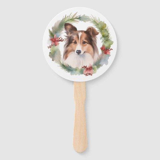 Shetland Sheepdog Kerstkrans feestelijke pup Handwaaier (Voorkant)