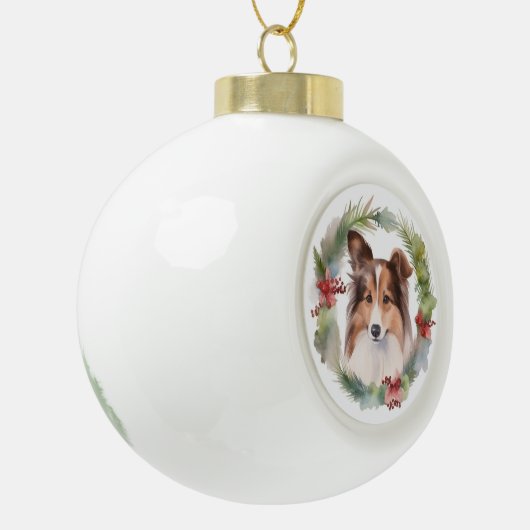 Shetland Sheepdog Kerstkrans feestelijke pup Keramische Bal Ornament (Links)