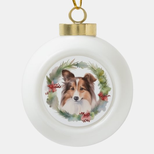 Shetland Sheepdog Kerstkrans feestelijke pup Keramische Bal Ornament (Voorkant)
