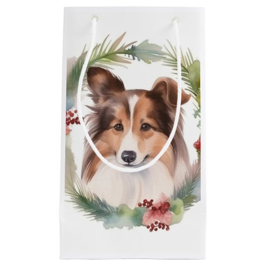 Shetland Sheepdog Kerstkrans feestelijke pup Klein Cadeauzakje (Voorkant)