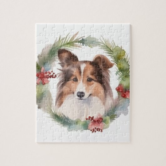 Shetland Sheepdog Kerstkrans feestelijke pup Legpuzzel (Verticaal)