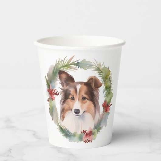 Shetland Sheepdog Kerstkrans feestelijke pup Papieren Bekers (Voorkant)