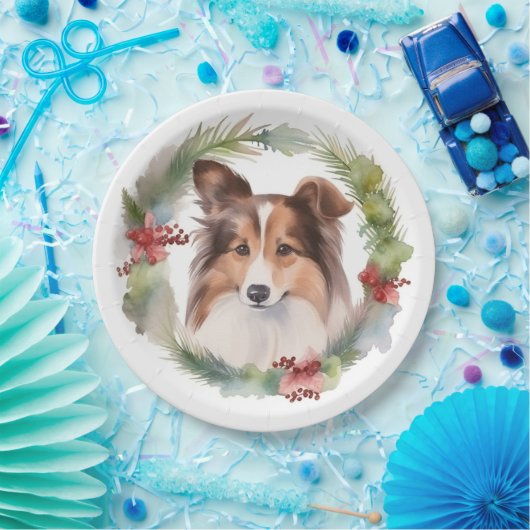 Shetland Sheepdog Kerstkrans feestelijke pup Papieren Bordje (Feest)