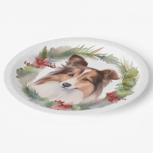 Shetland Sheepdog Kerstkrans feestelijke pup Papieren Bordje (Gekanteld)