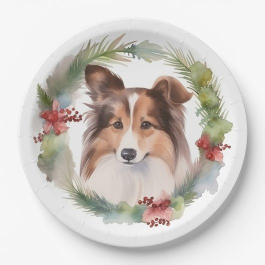 Shetland Sheepdog Kerstkrans feestelijke pup Papieren Bordje (Voorkant)