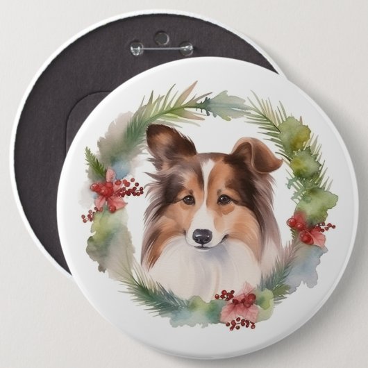 Shetland Sheepdog Kerstkrans feestelijke pup Ronde Button 6,0 Cm (Voorkant /achterkant)