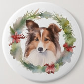 Shetland Sheepdog Kerstkrans feestelijke pup Ronde Button 6,0 Cm (Voorkant)