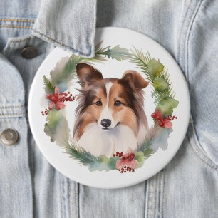 Shetland Sheepdog Kerstkrans feestelijke pup Ronde Button 6,0 Cm