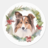 Shetland Sheepdog Kerstkrans feestelijke pup Ronde Sticker (Voorkant)