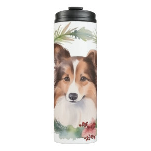 Shetland Sheepdog Kerstkrans feestelijke pup Thermosbeker
