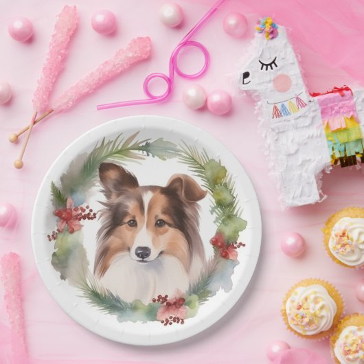 Shetland Sheepdog Kerstkrans Festieve Pup Papieren Bordje (Feest)