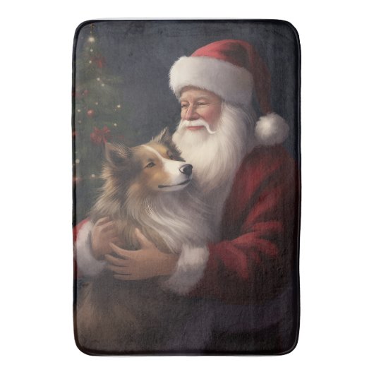 Shetland Sheepdog Kerstman Feestelijke Kerstmis Badmat (Voorkant Verticaal)