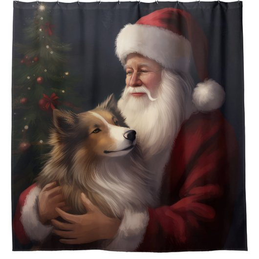 Shetland Sheepdog Kerstman Feestelijke Kerstmis Douchegordijn (Voorkant)