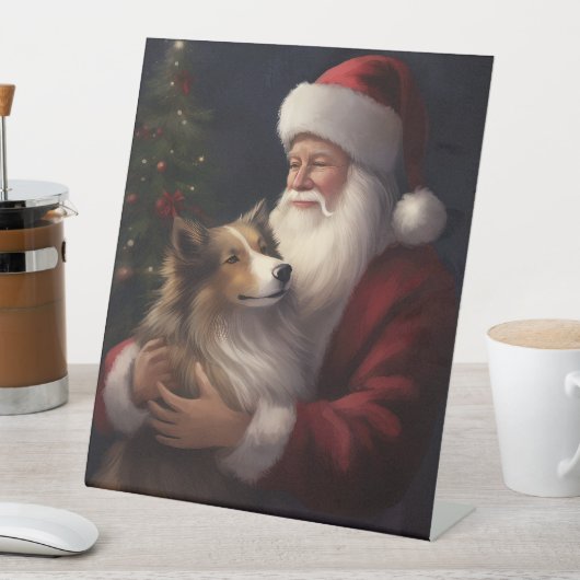 Shetland Sheepdog Kerstman Feestelijke Kerstmis Reclamebord Met Voetstuk (Insitu)