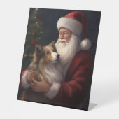 Shetland Sheepdog Kerstman Feestelijke Kerstmis Reclamebord Met Voetstuk (Voorkant)