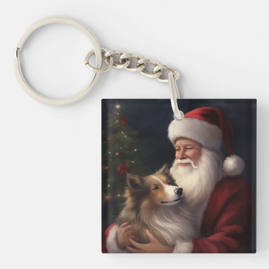 Shetland Sheepdog Kerstman Feestelijke Kerstmis Sleutelhanger (Voorkant)