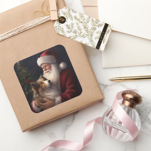 Shetland Sheepdog Kerstman Feestelijke Kerstmis Vierkante Sticker (Geschenken)