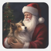 Shetland Sheepdog Kerstman Feestelijke Kerstmis Vierkante Sticker (Voorkant)
