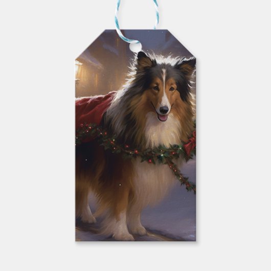 Shetland Sheepdog Kerstmis Feestelijk Seizoen Cadeaulabel (Voorkant)