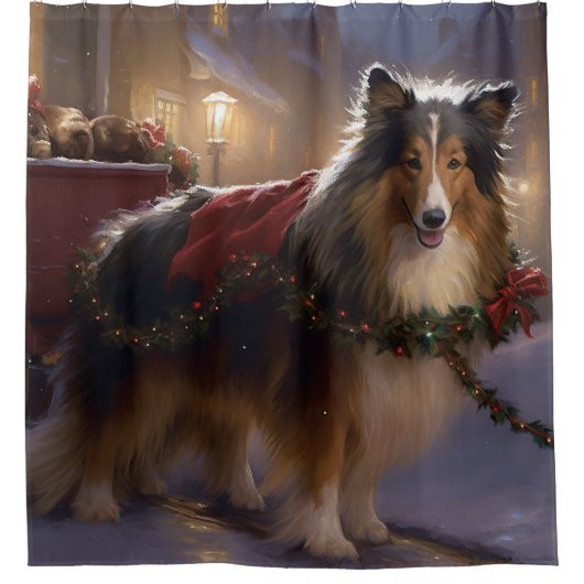 Shetland Sheepdog Kerstmis Feestelijk Seizoen Douchegordijn (Voorkant)