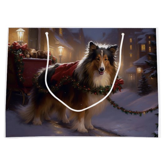 Shetland Sheepdog Kerstmis Feestelijk Seizoen Groot Cadeauzakje (Voorkant)
