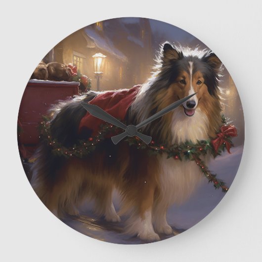 Shetland Sheepdog Kerstmis Feestelijk Seizoen Grote Klok (Voorkant)