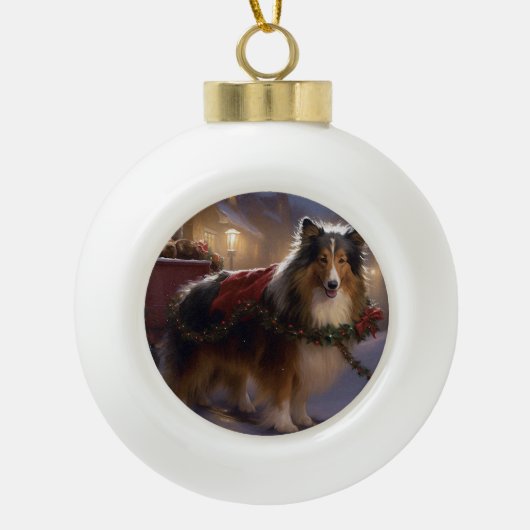 Shetland Sheepdog Kerstmis Feestelijk Seizoen Keramische Bal Ornament (Voorkant)