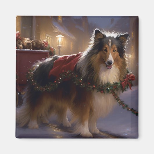 Shetland Sheepdog Kerstmis Feestelijk Seizoen Magneet (Voorkant)