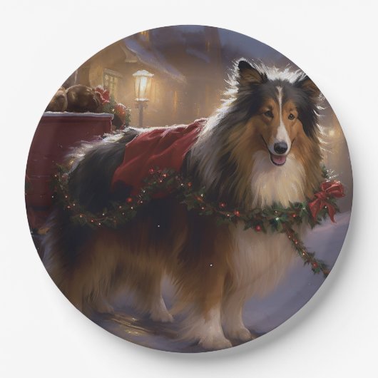 Shetland Sheepdog Kerstmis Feestelijk Seizoen Papieren Bordje (Voorkant)