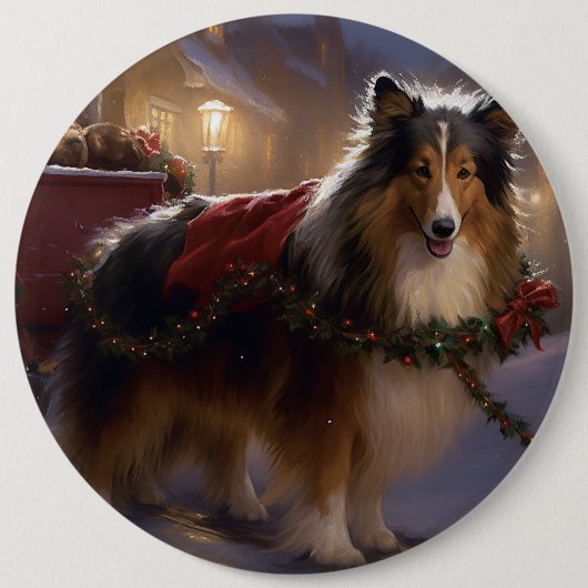 Shetland Sheepdog Kerstmis Feestelijk Seizoen Ronde Button 6,0 Cm (Voorkant)