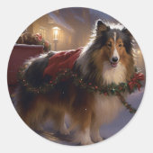 Shetland Sheepdog Kerstmis Feestelijk Seizoen Ronde Sticker (Voorkant)