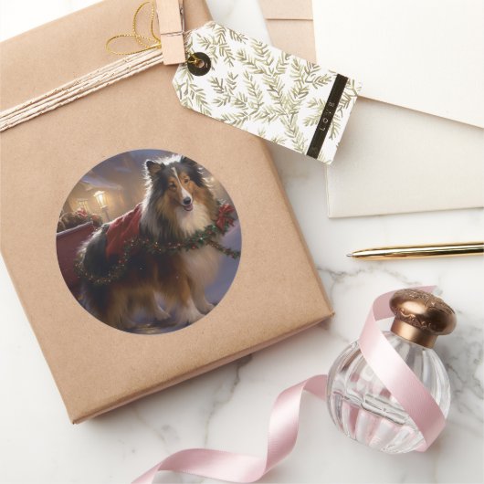 Shetland Sheepdog Kerstmis Feestelijk Seizoen Ronde Sticker (Geschenken)