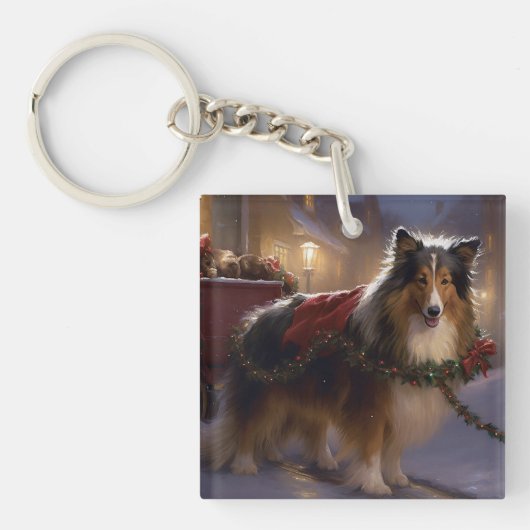 Shetland Sheepdog Kerstmis Feestelijk Seizoen Sleutelhanger (Voorkant)