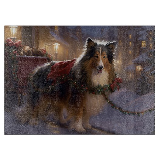Shetland Sheepdog Kerstmis Feestelijk Seizoen Snijplank (Voorkant)