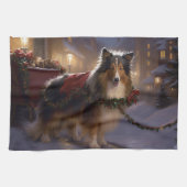 Shetland Sheepdog Kerstmis Feestelijk Seizoen Theedoek (Horizontaal)